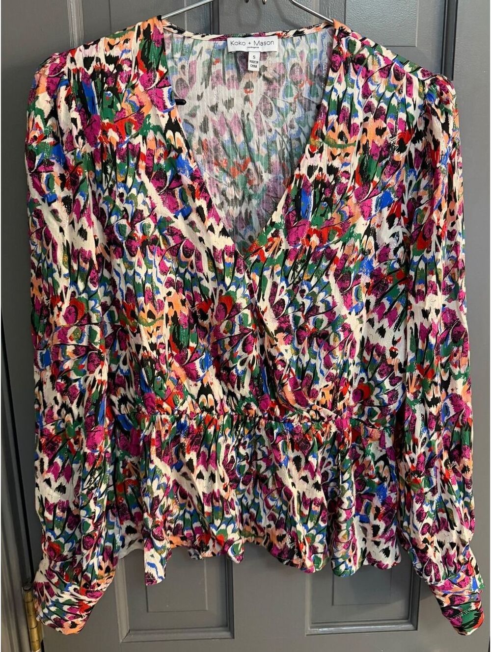 Koko + Mason Multicolor Abstract Floral Surplice Faux-Wrap Blouse - Size S